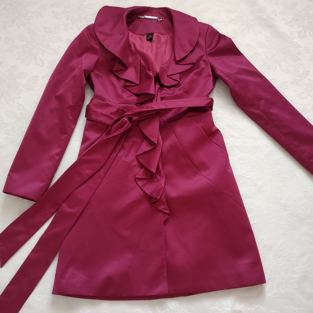 WHBM victorian pleated ruffled burgundy belted trench coat